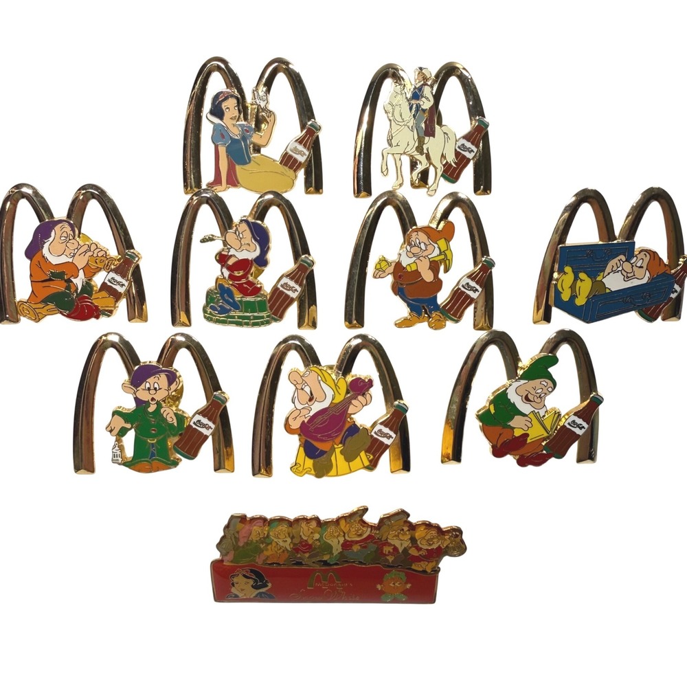 Vintage 2000 McDonalds Disney Snow White Seven Dwarfs Coca-Cola 10 Pin Set Gold